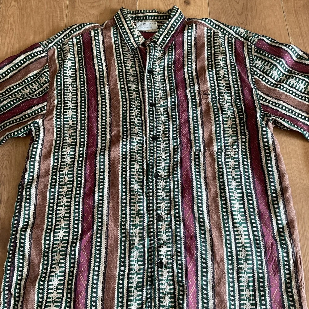 Henry Design 100% Silk Vintage Striped Dress Shirt Large Green Brown Red L Shirt - Picture 2 of 5